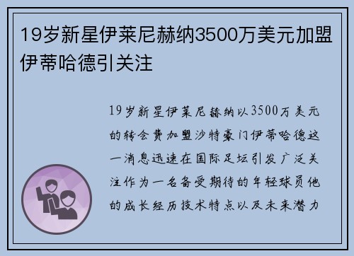 19岁新星伊莱尼赫纳3500万美元加盟伊蒂哈德引关注