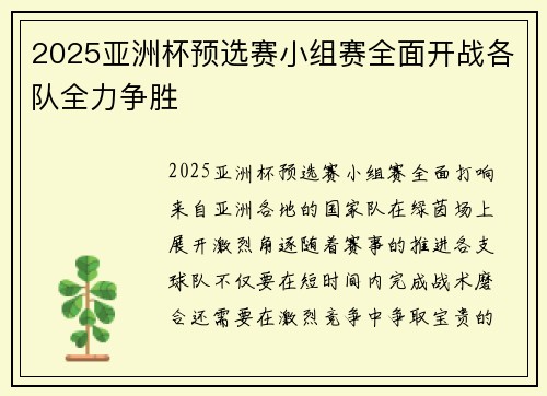 2025亚洲杯预选赛小组赛全面开战各队全力争胜